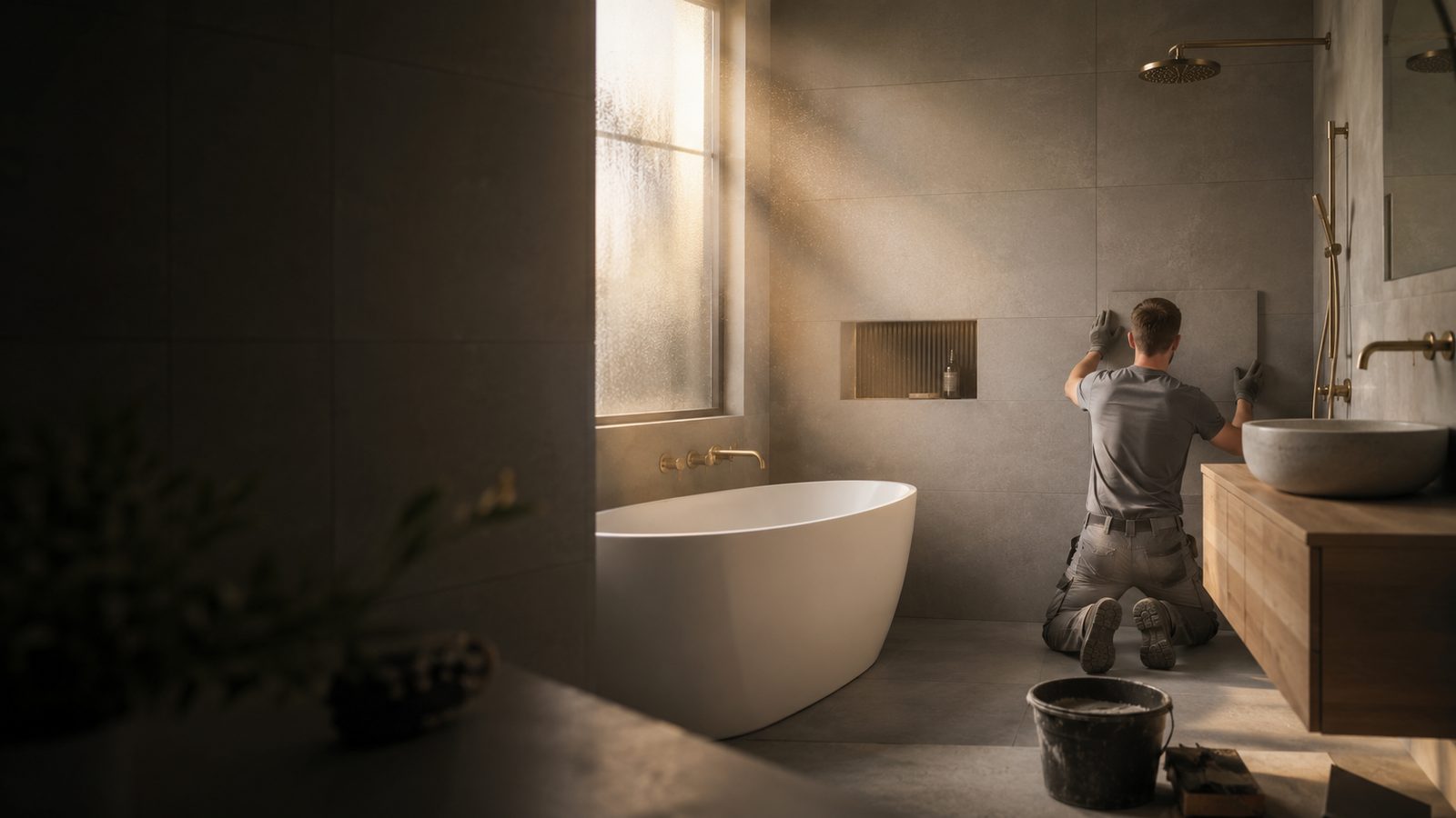 A modern kitchen and bathroom being installed by a fitter