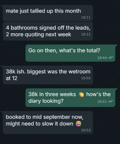 WhatsApp message from a kitchen & bathroom firm: 4 bathrooms signed off the leads, 2 more quoting next week, 38k in three weeks, booked to mid September